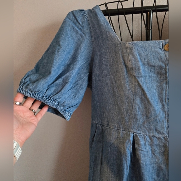 Old Navy Blue Denim Chambray Puff Sleeve Button Front Square Neck Mini Dress - Picture 3 of 7